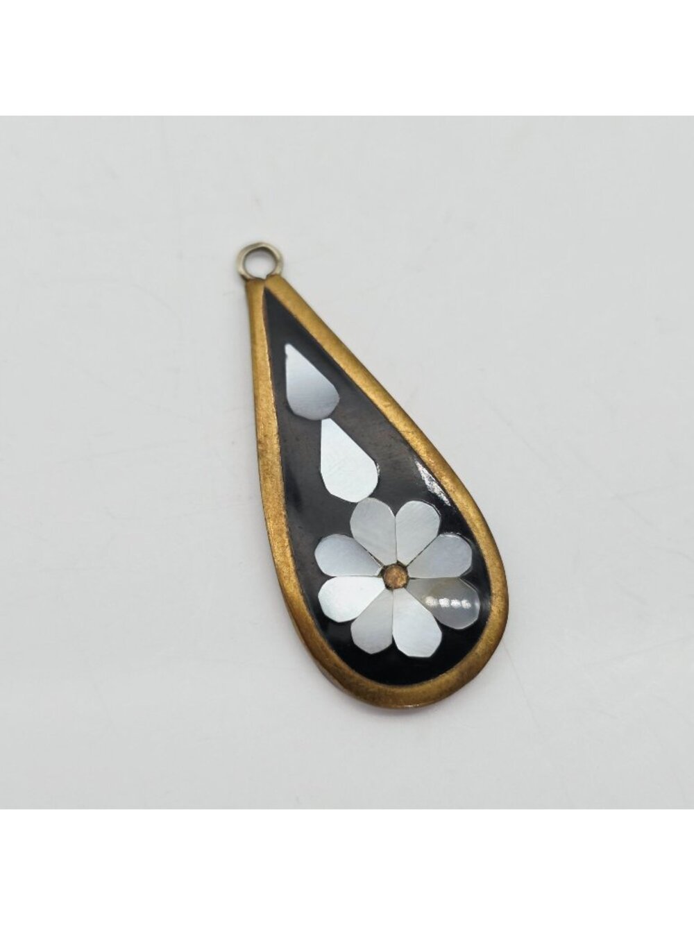 Teardrop Brass Pendant With Black Enamel & Mother Of Pearl Floral Inlay Design 2